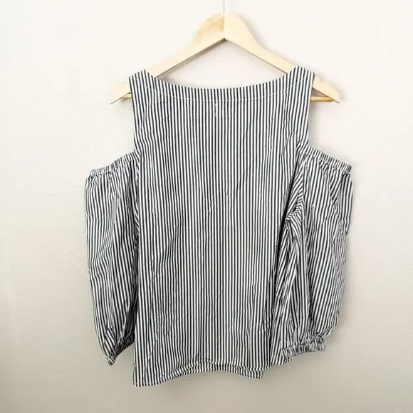 GAP | Coastal Cold Shoulder Top Blouse Blue White Banker Stripe Cotton | Size XL - Picture 5 of 6